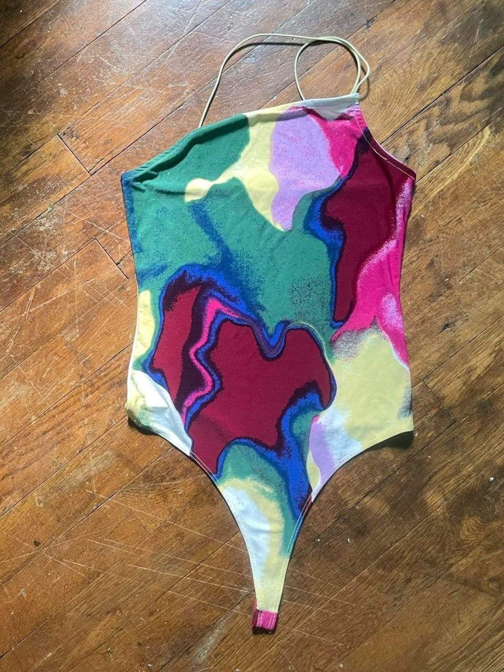 NWOT Open Edit asymmetric colorful marble thong bodysuit